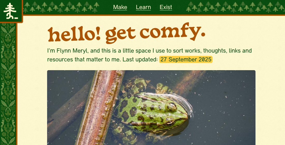 a green and yellow website homepage for njoqi's website. The headline image is a frog with the text hello get comfy above it.