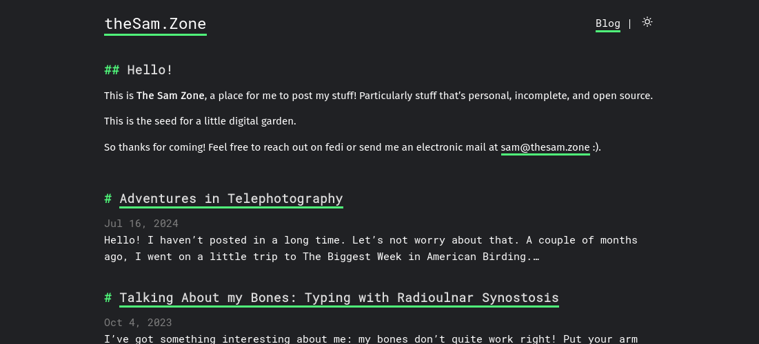 a simple blog homepage styled with a dark background, white text and vibrant green accents.