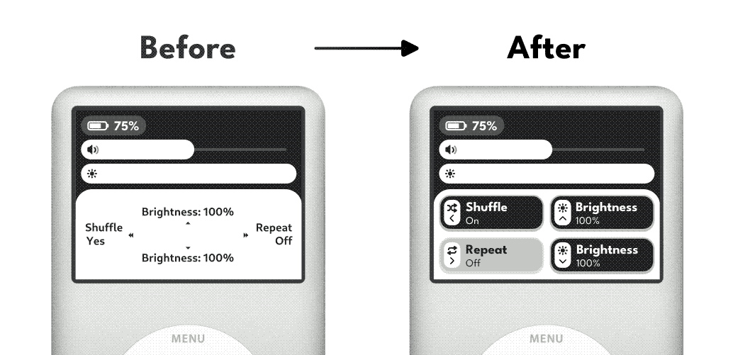 two ipods, showing a before and after situation. The before uses basic text to display quicksettings, the after uses graphics and buttons to show the same information but more visually