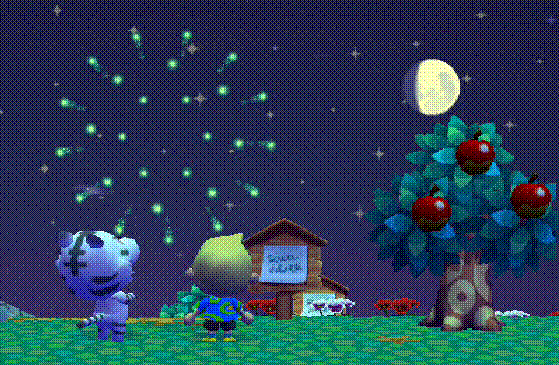 two animal crossing characters looking at fireworks