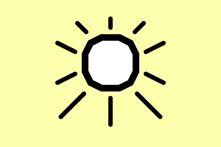 A cartoonish sun with rays coming off it on a yellow background
