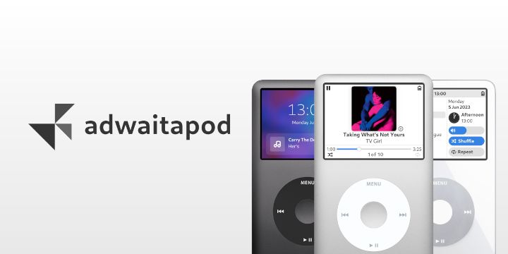 3 ipods with different screens beside a logo
