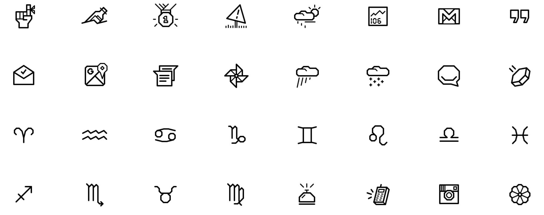Many various icons for apps, weather and watch functions