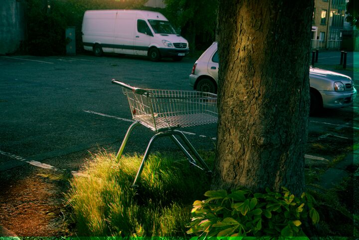 An abandoned trolley in a carpark
