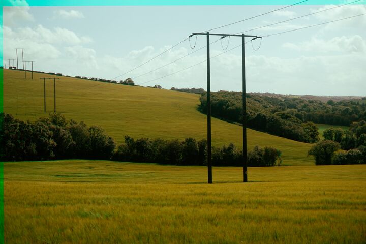 Utility poles stretching across fields into the distance.