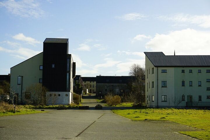 Apartments behind a large town square