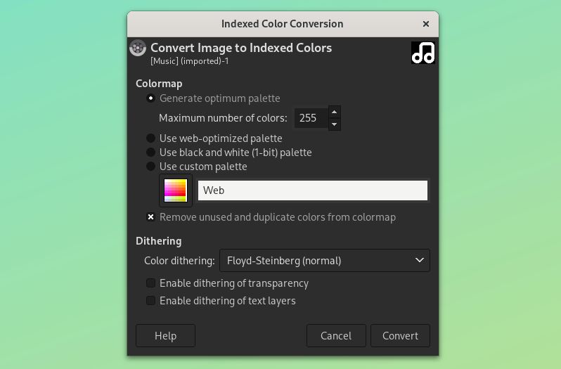 The gimp indexed colour tool