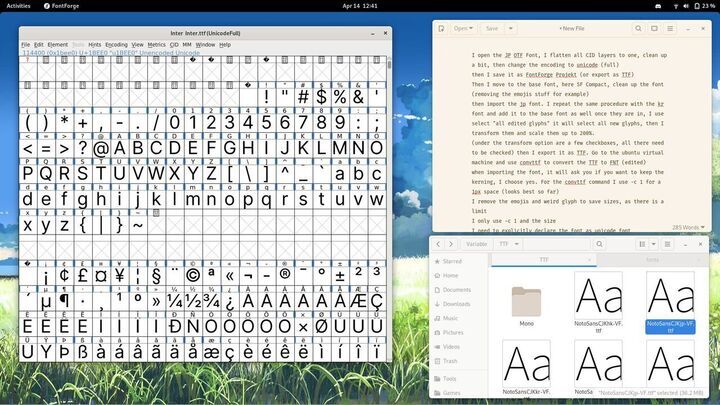 A desktop running fontforge, with a text document and a file browser open.